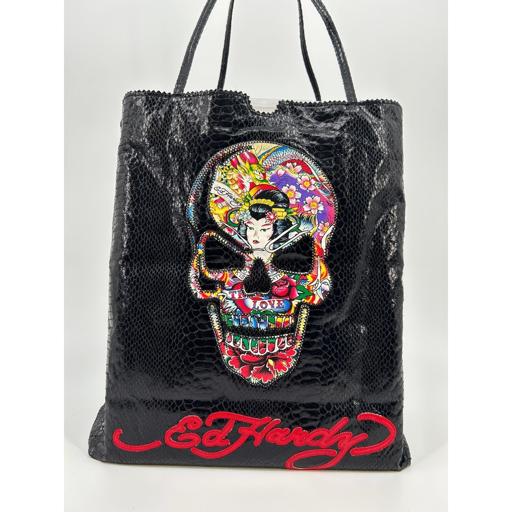 Ed Hardy Black Snakeskin Tote Bag Geisha Skull Tattoo Graphic Red Embroidery